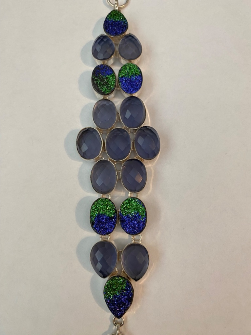 Sterling silver bracelet w/purple amethyst and druzy stones